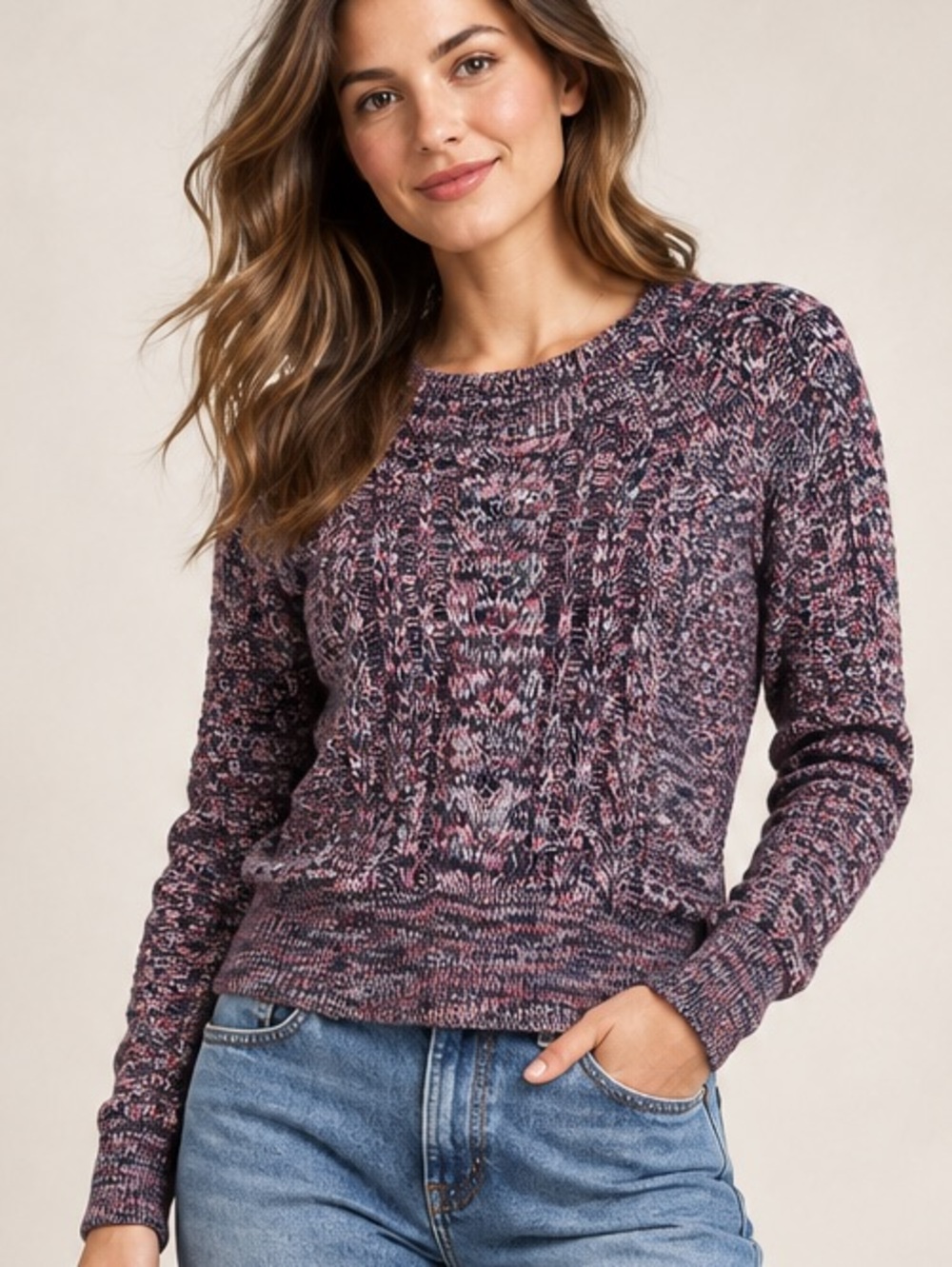 Gap Space Dye Cable Knit Crewneck Sweater Cotton Crewneck Sweater in Purple &